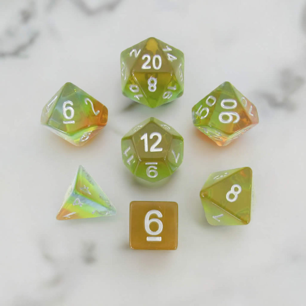 MET662 Yellow Aurora with White Numbers Acrylic 16mm (5/8in) 7 Dice Set Metallic Dice Games (ONLINE ORDER ONLY)