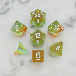 MET662 Yellow Aurora with White Numbers Acrylic 16mm (5/8in) 7 Dice Set Metallic Dice Games (ONLINE ORDER ONLY)