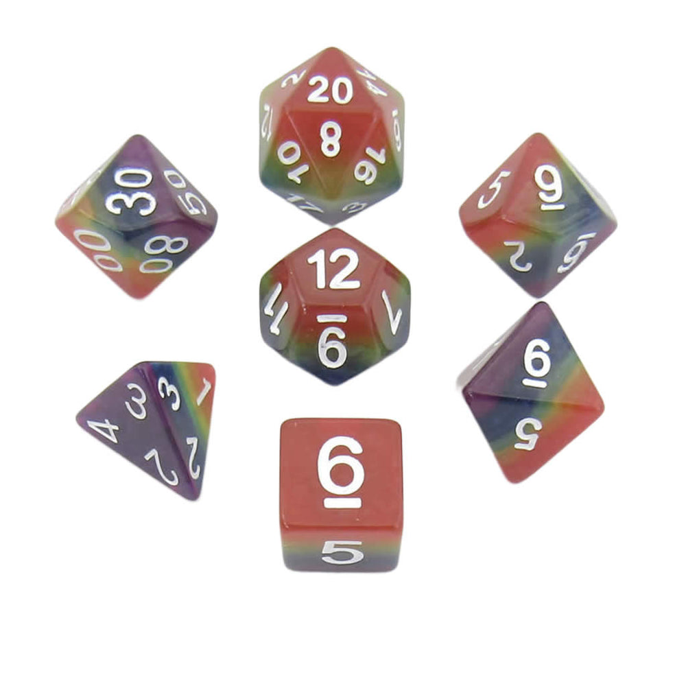 MET667 Rainbow Dice with White Numbers Acrylic 7 Dice Set (ONLINE ORDER ONLY)