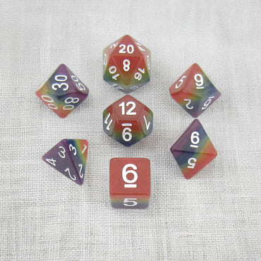 MET667 Rainbow Dice with White Numbers Acrylic 7 Dice Set (ONLINE ORDER ONLY)
