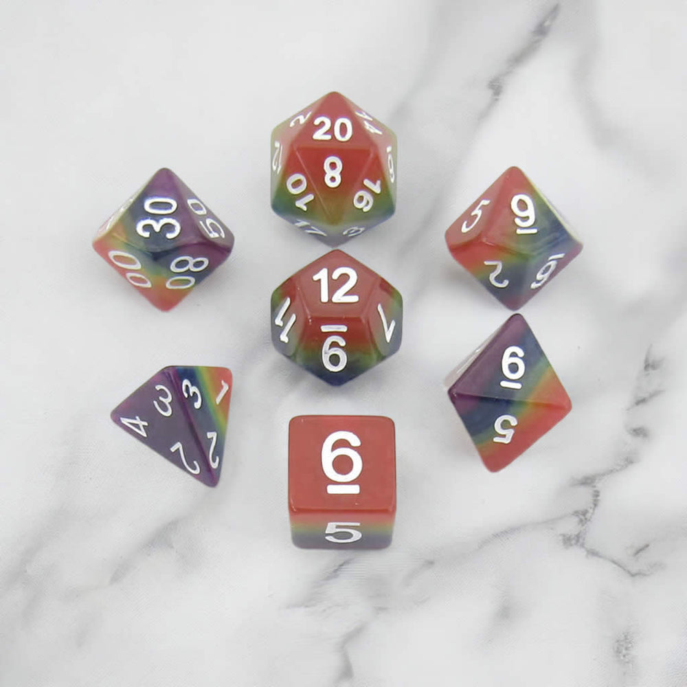 MET667 Rainbow Dice with White Numbers Acrylic 7 Dice Set (ONLINE ORDER ONLY)
