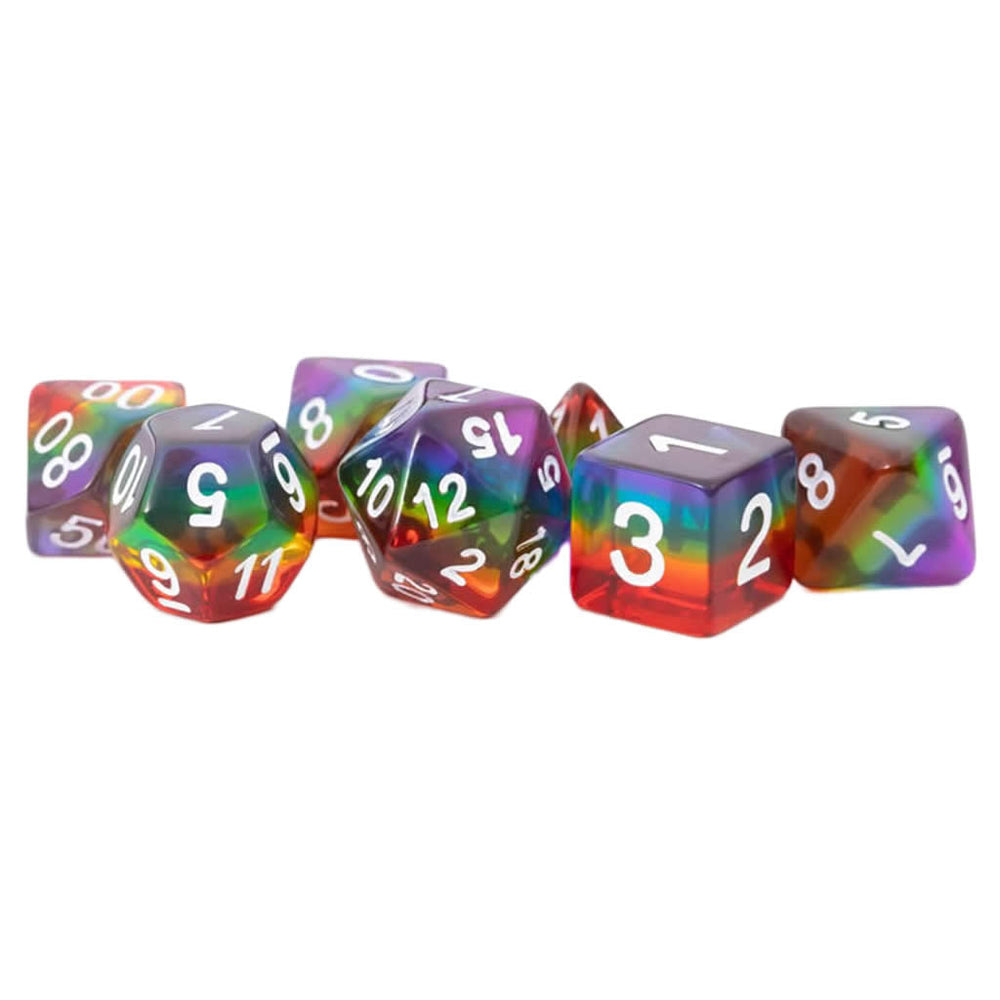 MET677 Translucent Rainbow Dice with White Numbers Acrylic 7 Dice Set (ONLINE ORDER ONLY)