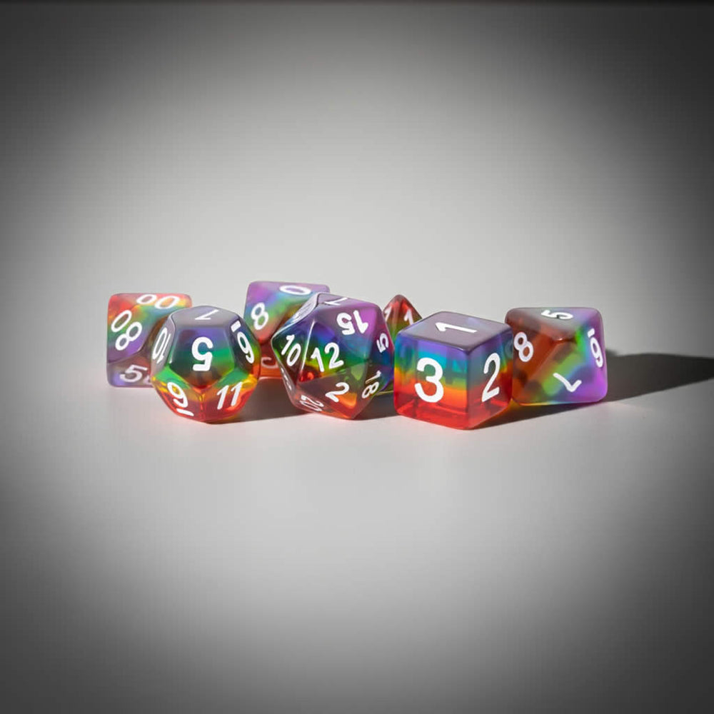 MET677 Translucent Rainbow Dice with White Numbers Acrylic 7 Dice Set (ONLINE ORDER ONLY)