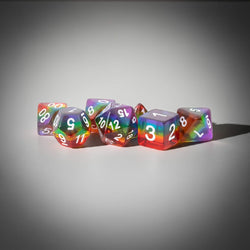 MET677 Translucent Rainbow Dice with White Numbers Acrylic 7 Dice Set (ONLINE ORDER ONLY)