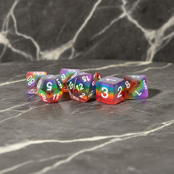 MET677 Translucent Rainbow Dice with White Numbers Acrylic 7 Dice Set (ONLINE ORDER ONLY)