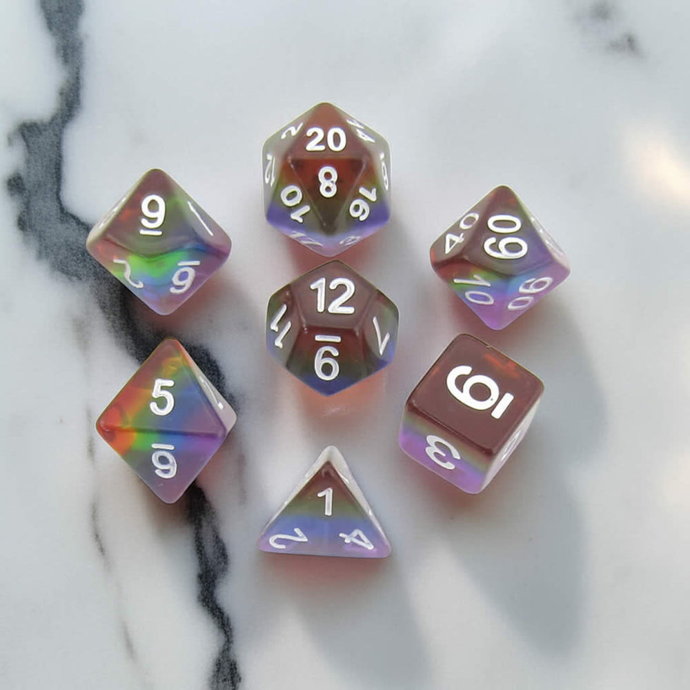 MET677 Translucent Rainbow Dice with White Numbers Acrylic 7 Dice Set (ONLINE ORDER ONLY)