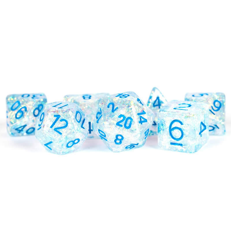 MET680 Clear Flash Dice with Blue Numbers Resin 16mm (5/8in) 7 Dice Set (ONLINE ORDER ONLY)