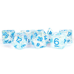 MET680 Clear Flash Dice with Blue Numbers Resin 16mm (5/8in) 7 Dice Set (ONLINE ORDER ONLY)