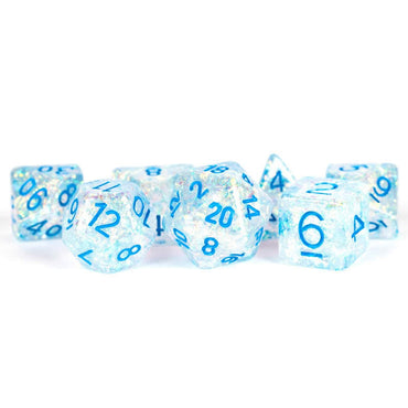 MET680 Clear Flash Dice with Blue Numbers Resin 16mm (5/8in) 7 Dice Set (ONLINE ORDER ONLY)