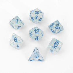 MET680 Clear Flash Dice with Blue Numbers Resin 16mm (5/8in) 7 Dice Set (ONLINE ORDER ONLY)