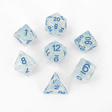 MET680 Clear Flash Dice with Blue Numbers Resin 16mm (5/8in) 7 Dice Set (ONLINE ORDER ONLY)