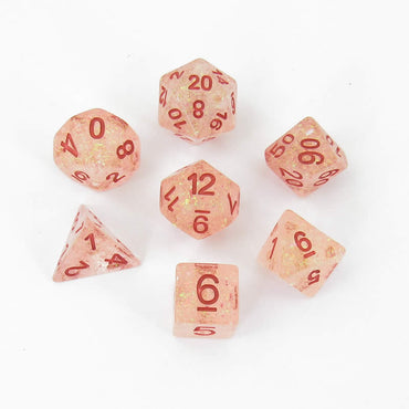 MET681 Orange Flash Dice with Red Numbers Resin 16mm (5/8in) 7 Dice Set (ONLINE ORDER ONLY)
