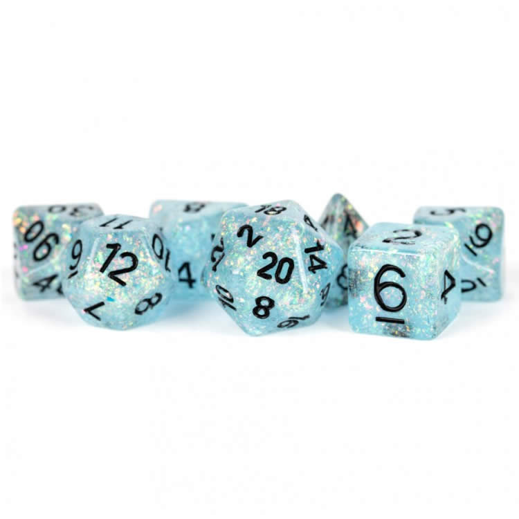 MET682 Blue Flash Dice with Black Numbers Resin 16mm (5/8in) 7 Dice Set (ONLINE ORDER ONLY)