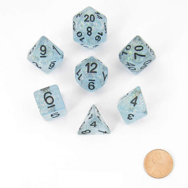 MET682 Blue Flash Dice with Black Numbers Resin 16mm (5/8in) 7 Dice Set (ONLINE ORDER ONLY)