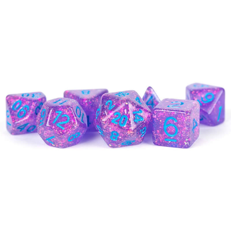 MET683 Purple Flash Dice with Blue Numbers Resin 16mm (5/8in) 7 Dice Set (ONLINE ORDER ONLY)