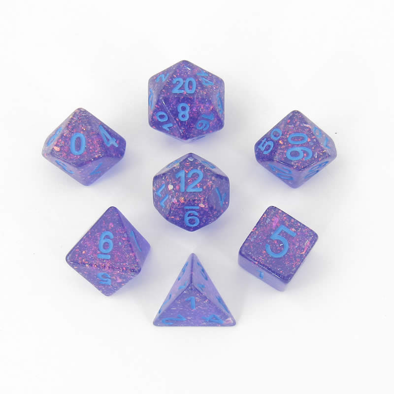 MET683 Purple Flash Dice with Blue Numbers Resin 16mm (5/8in) 7 Dice Set (ONLINE ORDER ONLY)