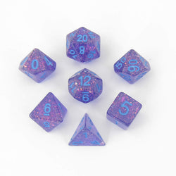 MET683 Purple Flash Dice with Blue Numbers Resin 16mm (5/8in) 7 Dice Set (ONLINE ORDER ONLY)