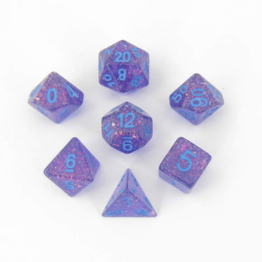 MET683 Purple Flash Dice with Blue Numbers Resin 16mm (5/8in) 7 Dice Set (ONLINE ORDER ONLY)