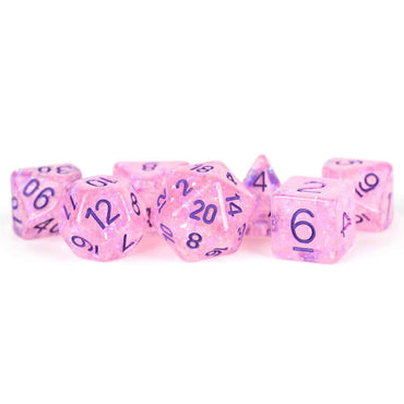 MET684 Pink Flash Dice with Purple Numbers Resin 16mm (5/8in) 7 Dice Set (ONLINE ORDER ONLY)