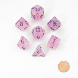 MET684 Pink Flash Dice with Purple Numbers Resin 16mm (5/8in) 7 Dice Set (ONLINE ORDER ONLY)