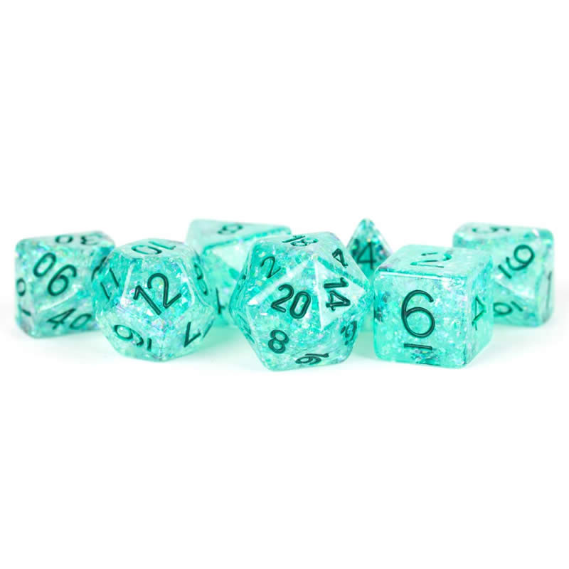 MET685 Teal Flash Dice with Green Numbers Resin 16mm (5/8in) 7 Dice Set (ONLINE ORDER ONLY)