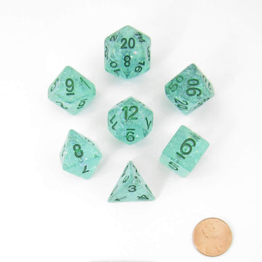 MET685 Teal Flash Dice with Green Numbers Resin 16mm (5/8in) 7 Dice Set (ONLINE ORDER ONLY)