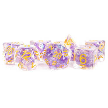 MET687 Purple Pearl Resin Dice with Gold Colored Numbers 16mm (5/8in) 7 Dice Set (ONLINE ORDER ONLY)