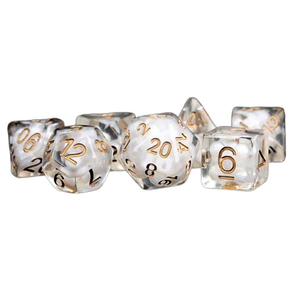 MET688 Clear Pearl Resin Dice with Copper Colored Numbers 16mm (5/8in) 7 Dice Set (ONLINE ORDER ONLY)