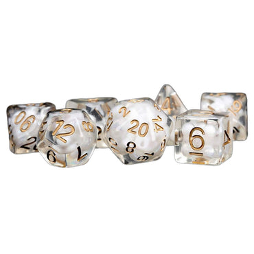 MET688 Clear Pearl Resin Dice with Copper Colored Numbers 16mm (5/8in) 7 Dice Set (ONLINE ORDER ONLY)