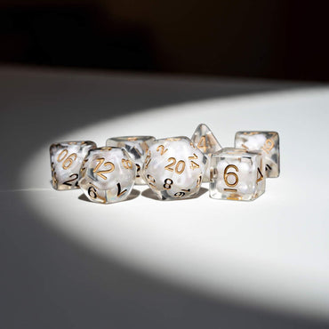 MET688 Clear Pearl Resin Dice with Copper Colored Numbers 16mm (5/8in) 7 Dice Set (ONLINE ORDER ONLY)