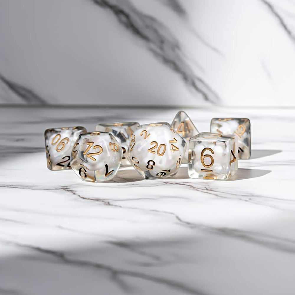 MET688 Clear Pearl Resin Dice with Copper Colored Numbers 16mm (5/8in) 7 Dice Set (ONLINE ORDER ONLY)