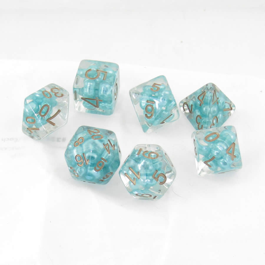 MET690 Teal Pearl Dice with Copper Numbers Resin 16mm (5/8in) 7 Dice Set (ONLINE ORDER ONLY)