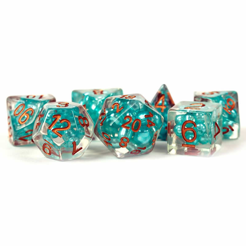 MET690 Teal Pearl Dice with Copper Numbers Resin 16mm (5/8in) 7 Dice Set (ONLINE ORDER ONLY)