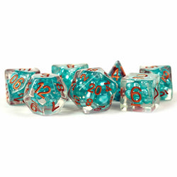 MET690 Teal Pearl Dice with Copper Numbers Resin 16mm (5/8in) 7 Dice Set (ONLINE ORDER ONLY)
