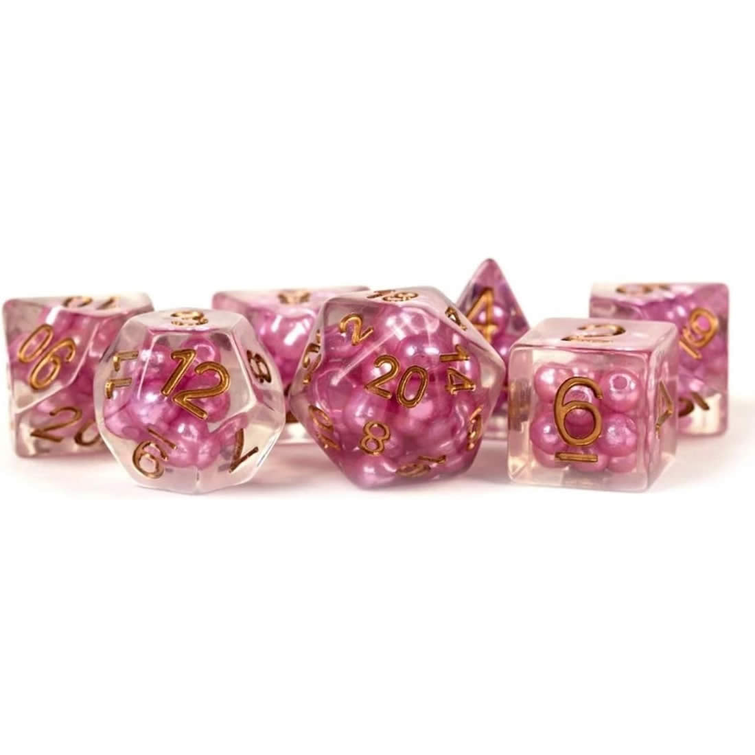MET691 Pearl Pink Dice with Copper Numbers Resin 16mm (5/8in) 7 Dice Set (ONLINE ORDER ONLY)