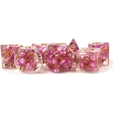 MET691 Pearl Pink Dice with Copper Numbers Resin 16mm (5/8in) 7 Dice Set (ONLINE ORDER ONLY)