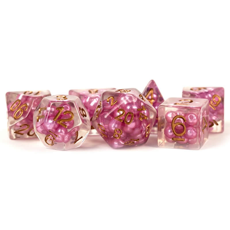 MET691 Pearl Pink Dice with Copper Numbers Resin 16mm (5/8in) 7 Dice Set (ONLINE ORDER ONLY)