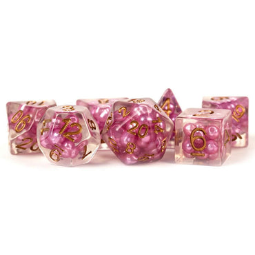 MET691 Pearl Pink Dice with Copper Numbers Resin 16mm (5/8in) 7 Dice Set (ONLINE ORDER ONLY)