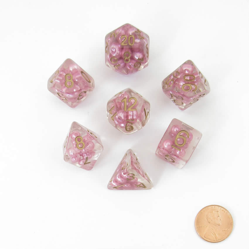 MET691 Pearl Pink Dice with Copper Numbers Resin 16mm (5/8in) 7 Dice Set (ONLINE ORDER ONLY)