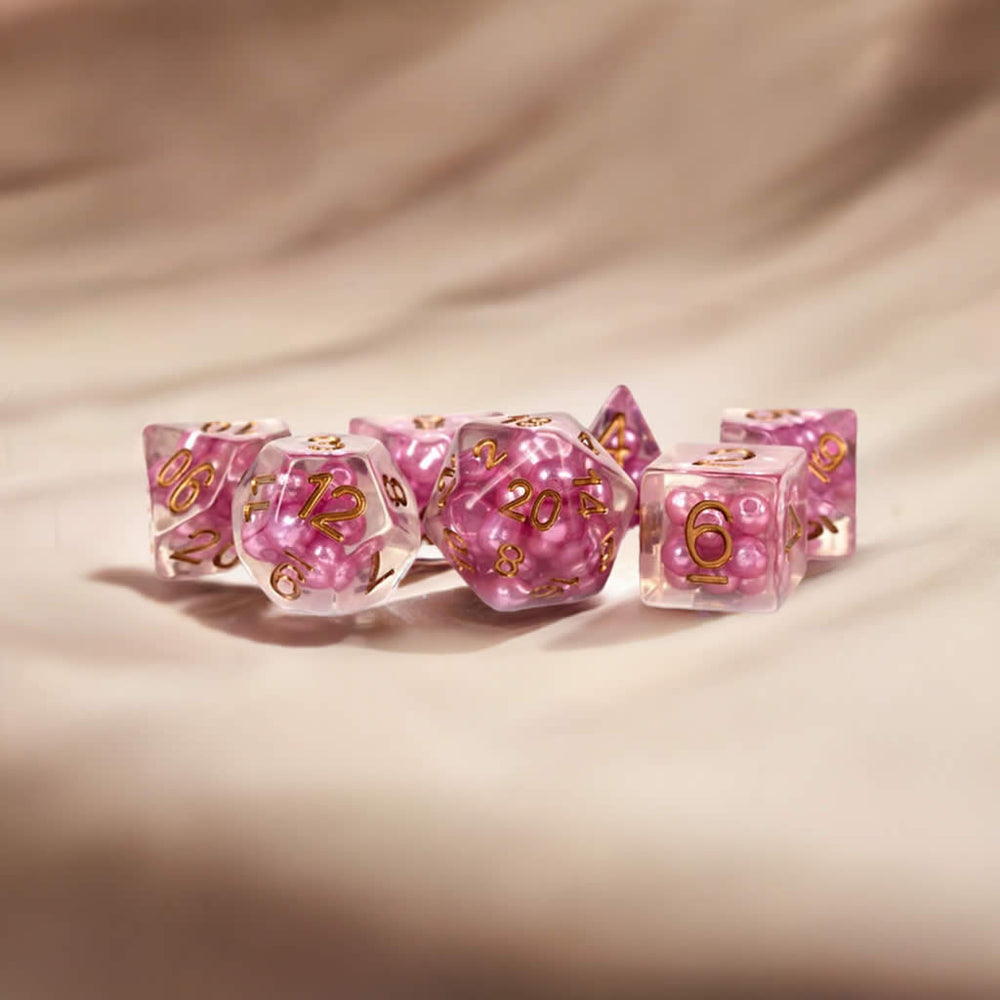 MET691 Pearl Pink Dice with Copper Numbers Resin 16mm (5/8in) 7 Dice Set (ONLINE ORDER ONLY)