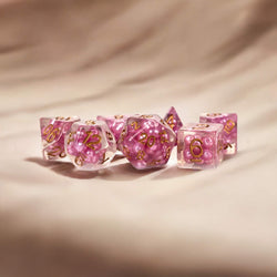 MET691 Pearl Pink Dice with Copper Numbers Resin 16mm (5/8in) 7 Dice Set (ONLINE ORDER ONLY)