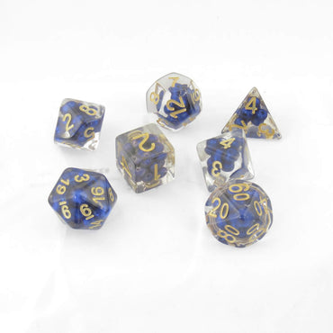 MET692 Royal Blue Pearl Dice with Gold Numbers Resin 16mm (5/8in) 7 Dice Set (ONLINE ORDER ONLY)