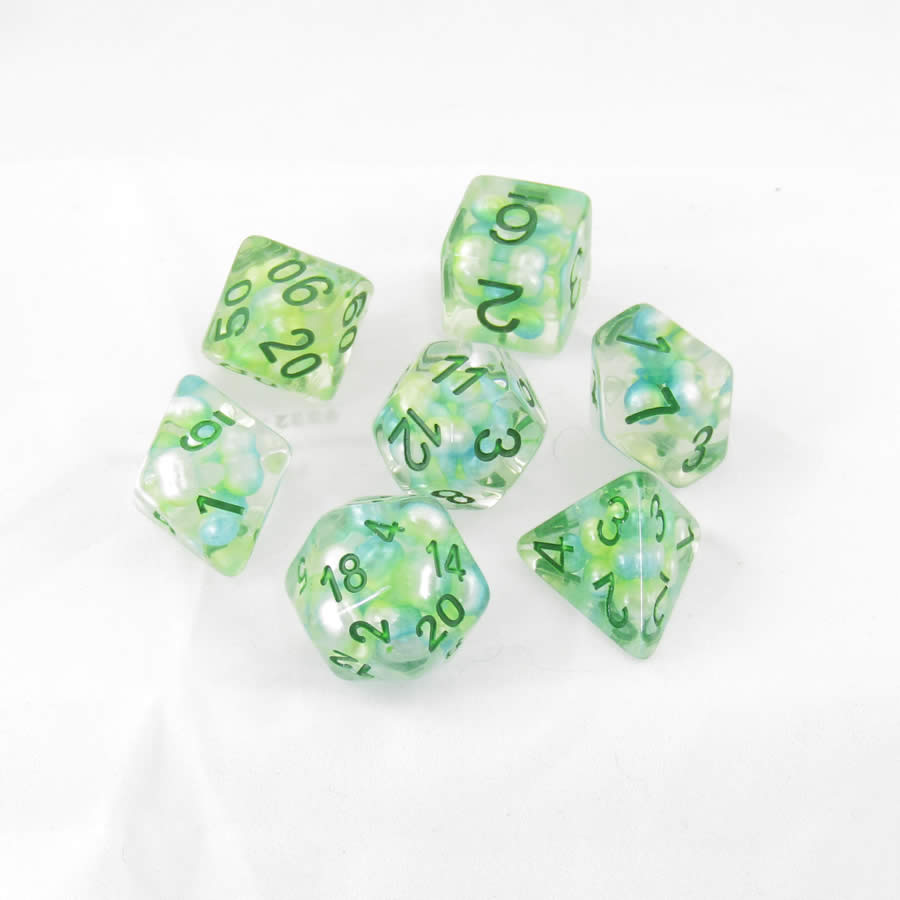 MET694 Sea Foam Pearl Dice with Gold Numbers Resin 16mm (5/8in) 7 Dice Set (ONLINE ORDER ONLY)