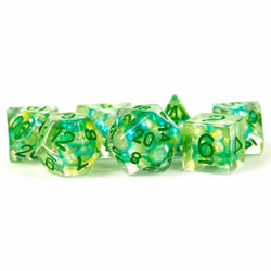 MET694 Sea Foam Pearl Dice with Gold Numbers Resin 16mm (5/8in) 7 Dice Set (ONLINE ORDER ONLY)