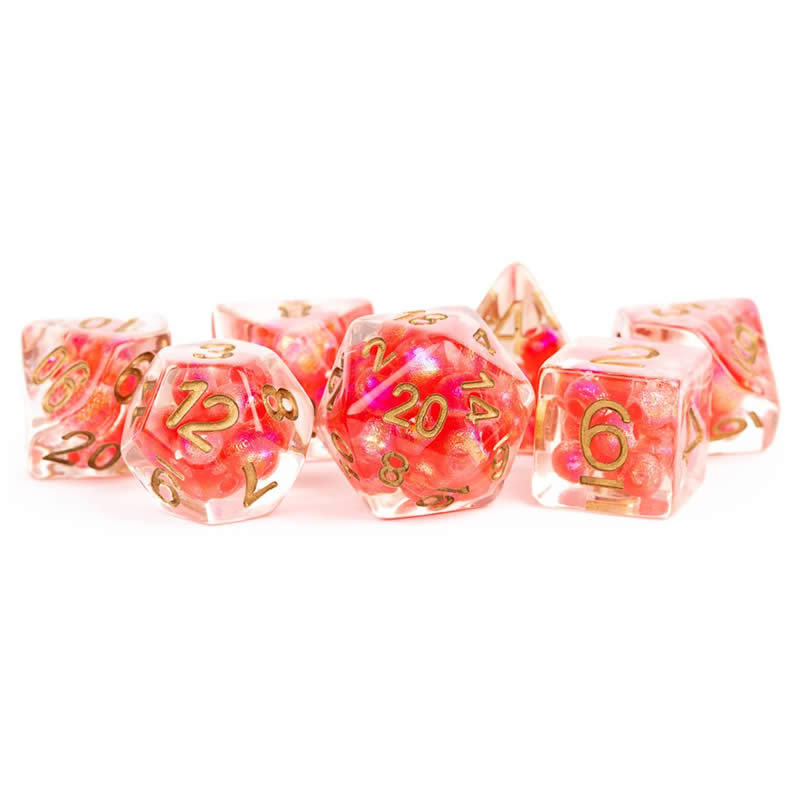 MET695 Red Pearl Resin Dice with Copper Colored Numbers 16mm (5/8in) 7 Dice Set (ONLINE ORDER ONLY)
