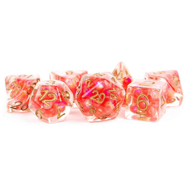 MET695 Red Pearl Resin Dice with Copper Colored Numbers 16mm (5/8in) 7 Dice Set (ONLINE ORDER ONLY)