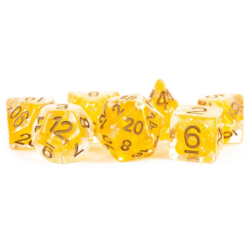 MET696 Citrine Pearl Resin Dice with Copper Colored Numbers 16mm (5/8in) 7 Dice Set (ONLINE ORDER ONLY)