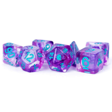 MET702 Unicorn Violet Dice with Blue Numbers Resin 7 Dice Set (ONLINE ORDER ONLY)