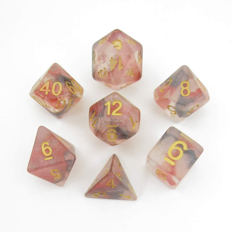 MET704 Phoenix Ash Unicorn Dice with Yellow Numbers Acylic 7 Dice Set (ONLINE ORDER ONLY)