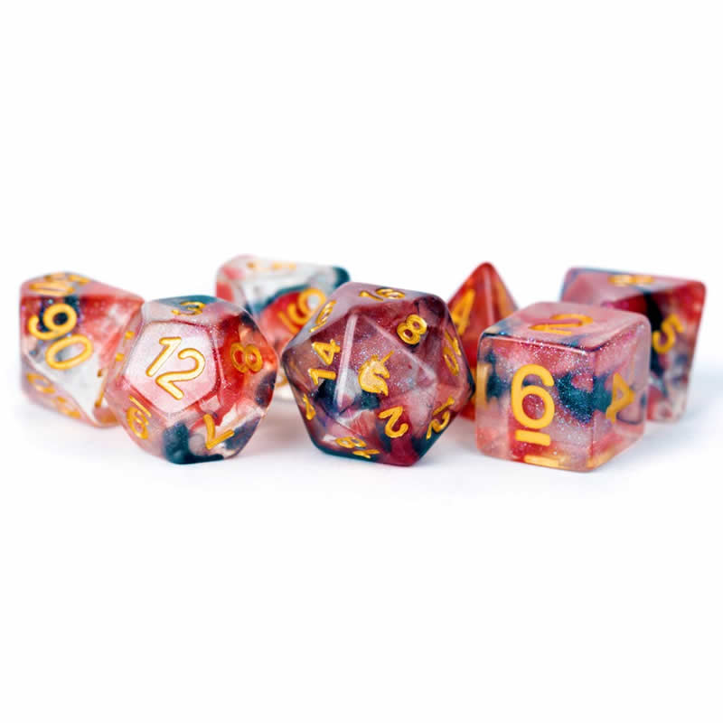 MET704 Phoenix Ash Unicorn Dice with Yellow Numbers Acylic 7 Dice Set (ONLINE ORDER ONLY)